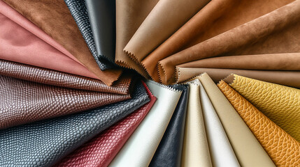 Assorted Leather Samples Raw Material Swatches in Diverse Colors and Textures - Leather Fabric Samples for Bags, Wallets, Shoes, Clothing, Accessories  and Upholstery Design. Top View Flat Lay.
