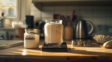 A jar of protein powder sits on a counter next to a glass of milk - obrazy, fototapety, plakaty