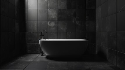 A black bathroom with a white bathtub