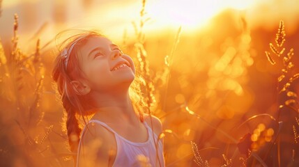 A young girl is standing in a field of tall grass, looking up at the sun