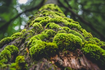 Tree Trunk Clad in Green Moss, Low Angle