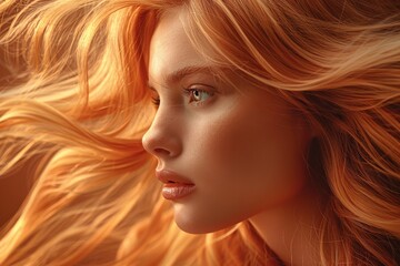 A warm, detailed capture of golden hair strands, highlighting textures and colors with a sun-kissed...