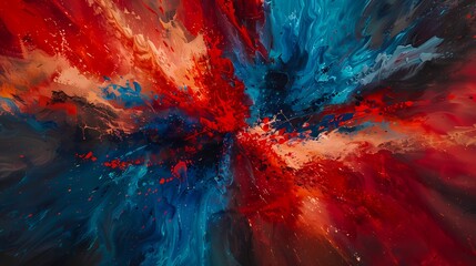 Scarlet red and electric blue burst forth, creating a dramatic and intense abstract display reminiscent of a fiery explosion. - obrazy, fototapety, plakaty