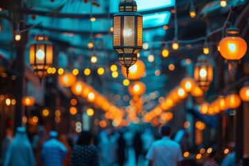 Vibrant Street Decor with Hanging Ramadan Lanterns at Dusk