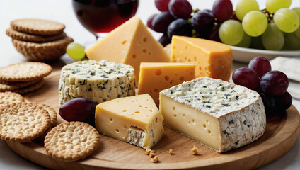 A platter of assorted cheeses including cheddar, brie, and gouda, served with crackers and grapes, against a creamy white background.