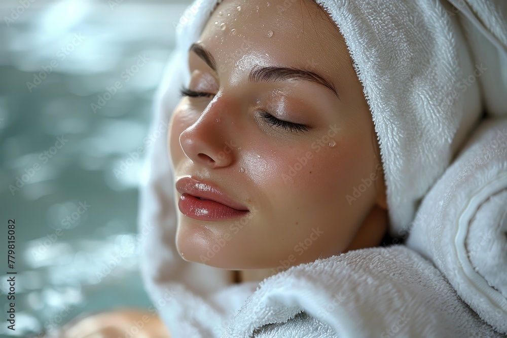 Poster close-up of soft, inviting poolside towels stacked neatly in a high-end spa environment