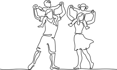 Father and mother dancing while holding children on shoulders. Happy family concept