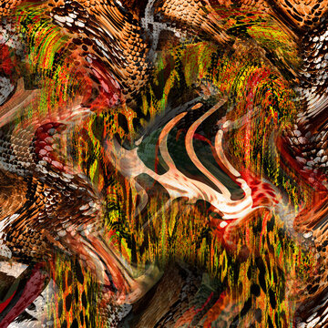 Combination textile collage pattern of wave and lines colored leopard snake tiger textures
