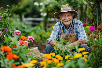 Joyous Elder Cultivating Blooms in a Lush Garden