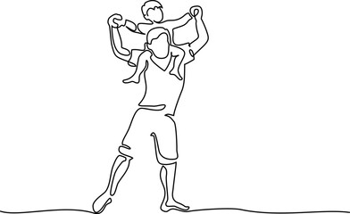 Father carrying son on shoulders with arm raised pose.