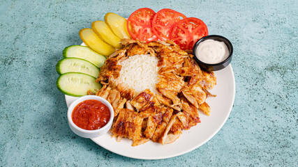 Chicken portion doner kebab plate top view	