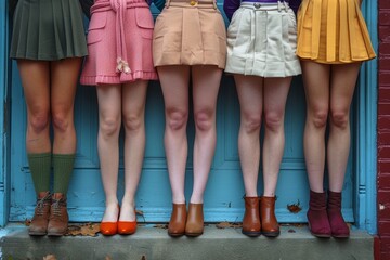 A lineup of women's legs showcasing diversity and fashion against a rustic blue door