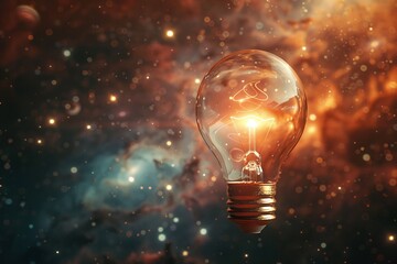 Light bulb in sharp focus, emitting a warm glow, against a backdrop of a highly detailed, photo-realistic solar system, cinematic ambiance.