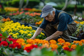 Senior Man Amongst Vibrant Garden Blooms