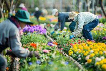 Gardeners Tending Colorful Flowerbeds in Lush Garden