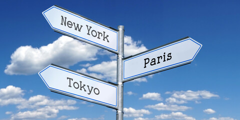 New York, Paris, Tokyo - metal signpost with three arrows