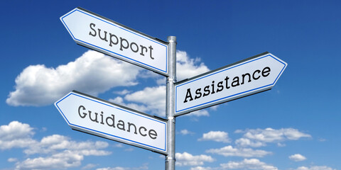 Support, assistance, guidance - metal signpost with three arrows