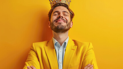 a man's expression seeing himself in a kingly pose after much work - obrazy, fototapety, plakaty