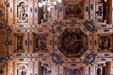 Archiginnasio in Bologn. Ceiling of the anatomical theatre