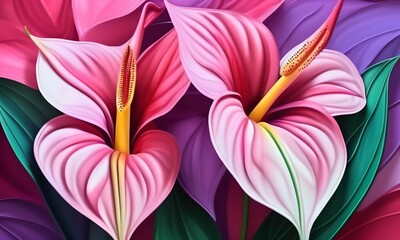 wallpaper representing anthuriums
painted with oil paint

