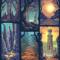 A set of fantasy-themed backgrounds and elements for game design and storytelling