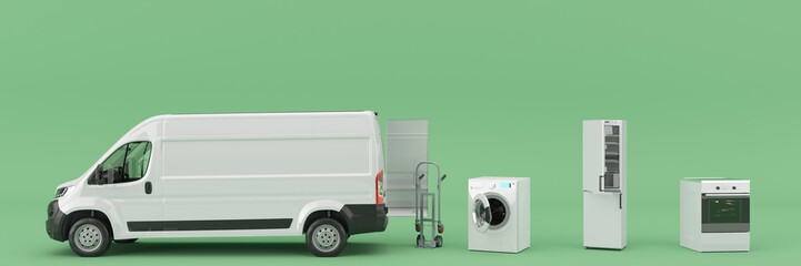 White van on a yellow background with a selection of house hold electrical goods being delivered concept 3d render