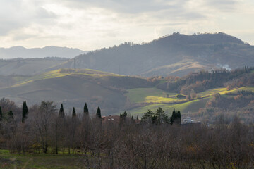Misty hills and mountains. Apennine Mountains near Bologna, Emilia-Romagna, Italy