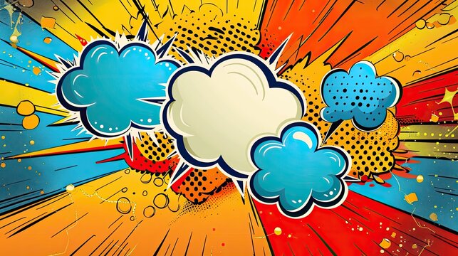 Comic book speech bubbles and sound effect words for dynamic storytelling