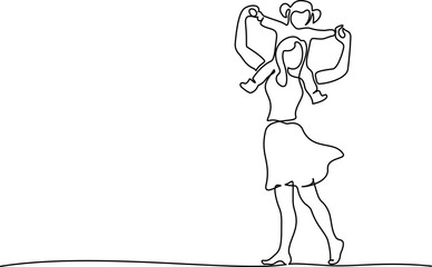 Happy Mother with children daughter on shoulders. Continuous one line