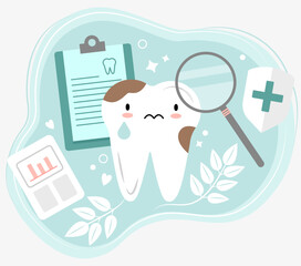 Dental Caries Tooth Vector Flat Styled Illustration. Cute Kawaii Teeth for Dentistry Business