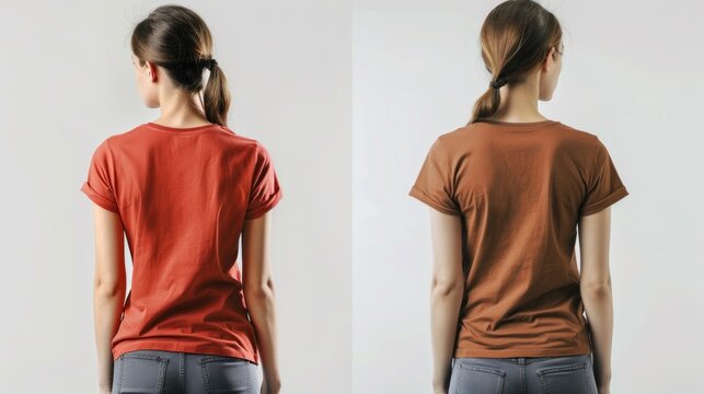Woman wearing casual t-shirt on white background for design with back view .AI generated image