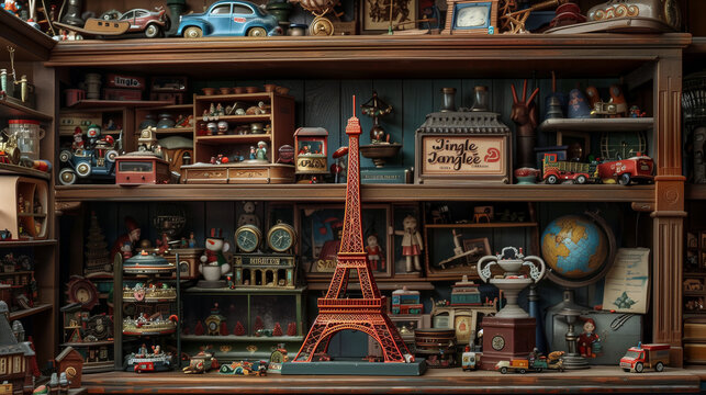 Antique Toy Shelf Display, Timeless Treasures and Eiffel Tower Model