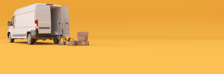 White van on a yellow background with a selection of delivery boxes being collectected concept 3d render