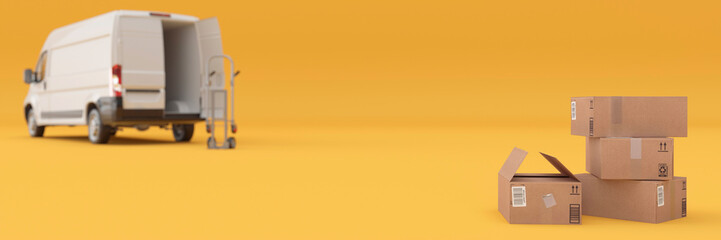 White van on a yellow background with a selection of delivery boxes being collectected concept 3d render