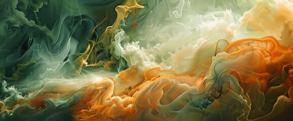 Sapphire orange clouds of smoke weaving through a surreal dreamscape of olive green. - obrazy, fototapety, plakaty