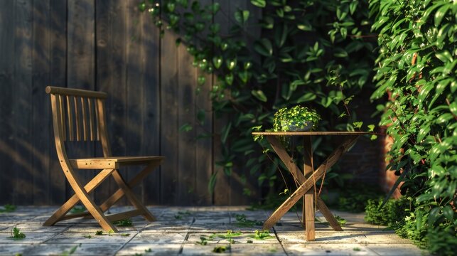 Wooden chairs with a table in the small garden in the corner of the house.AI generated image