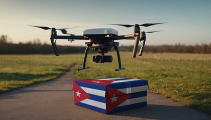 A drone flying with a package, illustrating the transformation of the shopping experience in Cuba.