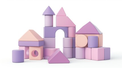 3D Illustration of building blocks pink and purple color palette isolated on white background.