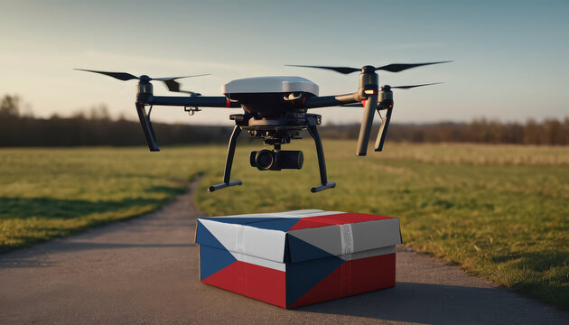 A drone flying with a package, illustrating the transformation of the shopping experience in Czech.