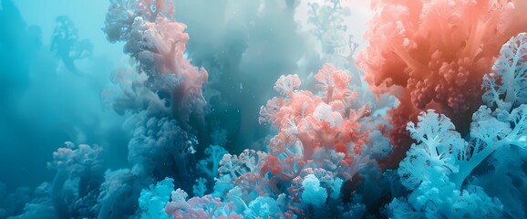 Sapphire blue wisps floating amidst a dreamy background of soft coral and oceanic teal.