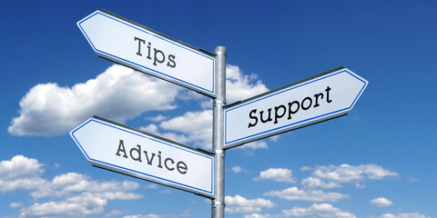 Tips, support, advice - metal signpost with three arrows