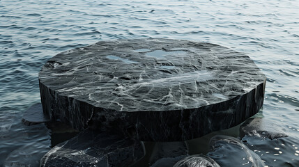 block rock circular podium in water, black stone podium water background product display advertisement 
