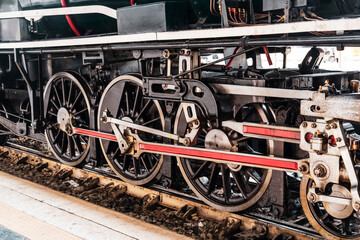 Wheels of an old retro steam train locomotive