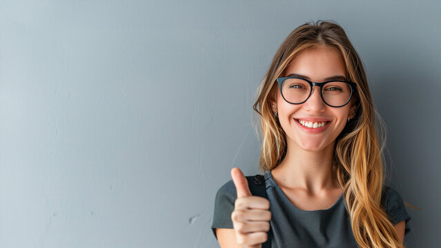A woman wearing glasses is smiling and giving a thumbs up. The image conveys a positive and friendly atmosphere. Photo of adorable happy woman secretary wear black spectacles showing thumb up