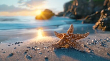 starfish on a sandy beach with sunrise in the background.AI generated image - Powered by Adobe
