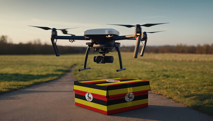 A drone flying with a package, illustrating the transformation of the shopping experience in Uganda.