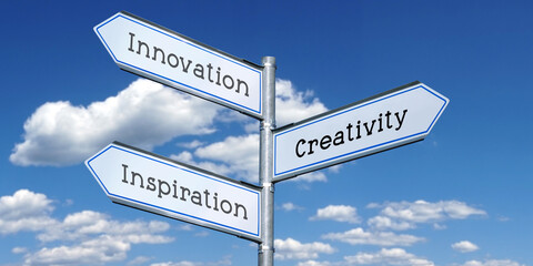 Fototapeta premium Innovation, creativity, inspiration - metal signpost with three arrows