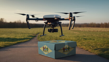 A drone flying with a package, illustrating the transformation of the shopping experience in Delaware. - obrazy, fototapety, plakaty