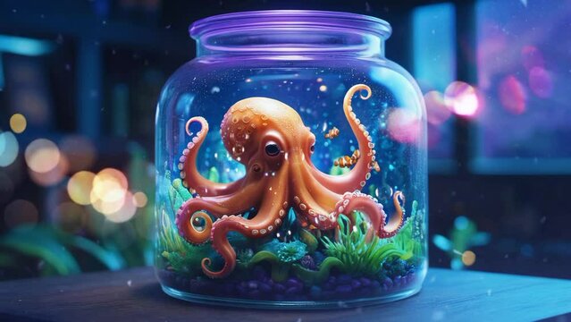 Magical jar with octopus in unopenable dream jar. Concept of fantasy, dream, magical realism, enchantment, fairy tale. Digital art style looping video for social media or video background