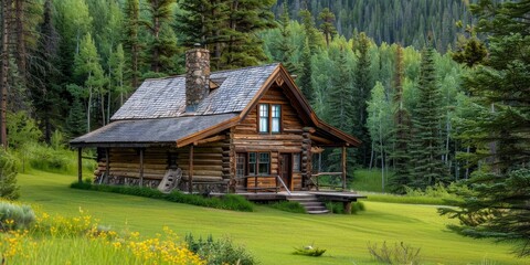 Obraz premium A log cabin in the woods with a porch and a grassy yard. The cabin is surrounded by trees and has a cozy, rustic feel